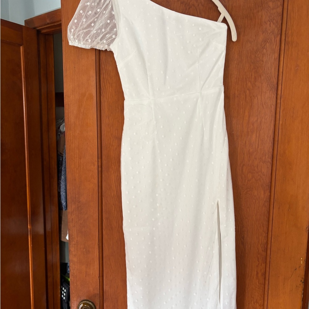 Lulu's White One-Shoulder Dress with Polka Dots